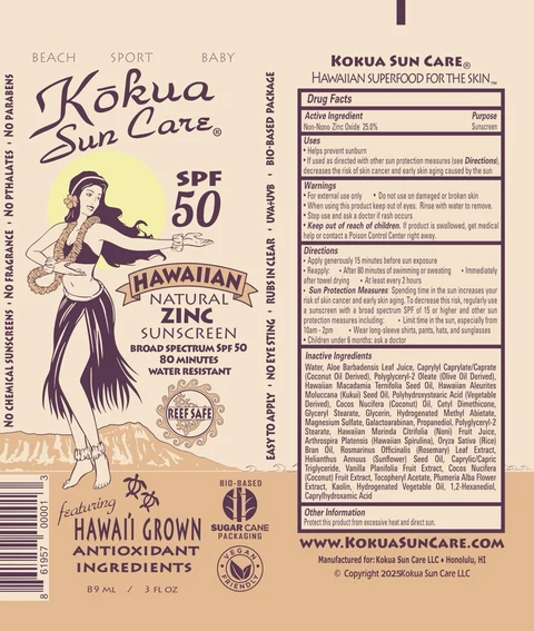 Hawaiian Natural Zinc Sunscreen SPF 50 packaging