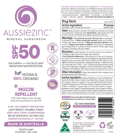 AussieZinc Mineral Sunscreen Vegan and Organic Mozzie Repellant 포장
