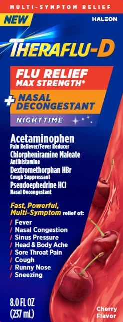 Theraflu-D Flu Relief Max Strength plus Nasal Decongestant Nighttime packaging