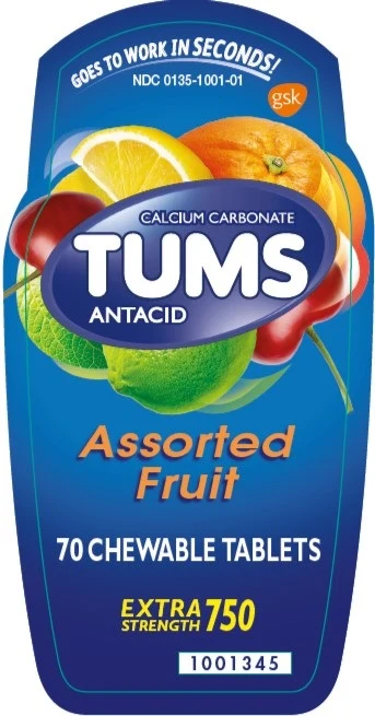 Tums Chewable Assorted Fruit 70 count label