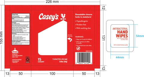 CASEYS ANTIBACTERIAL HAND WIPES packaging