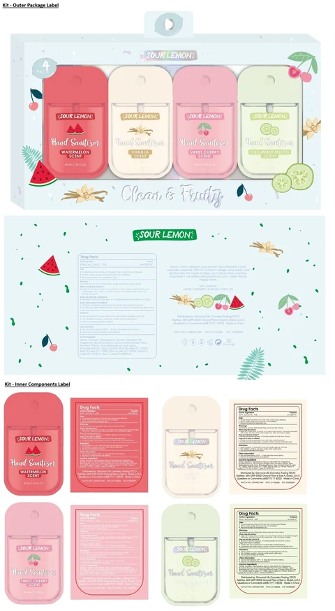 SOUR LEMON 4 PACK Hand Sanitizer - WATERMELON, VANILLA, SWEET CHERRY AND CUCUMBER MELON SCENT 포장