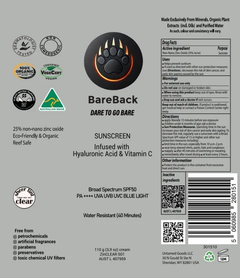 BareBack sunscreen SPF50 infused with Hyaluronic acid and vitamin C 포장