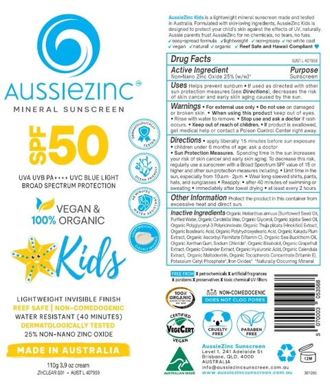 AussieZinc Mineral Sunscreen Vegan and Organic Kids 포장