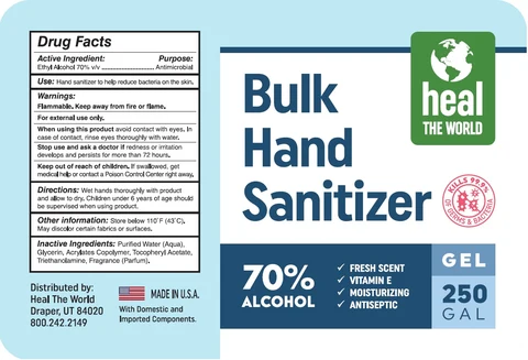 Heal The World Bulk Hand Sanitizer packaging