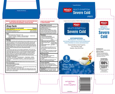 Winco Foods Multi-Symptom Severe ColdGreen Tea and Honey Lemon flavors packaging