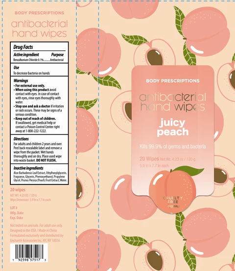 BODY PRESCRIPTIONS antibacterial hand wipes juicy peach peach mint strawberry peach 포장
