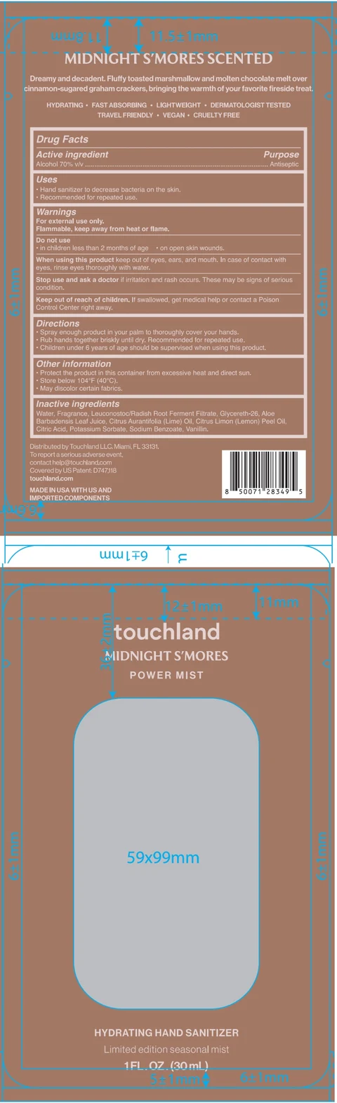 Touchland Power Mist Hydrating Hand Sanitizer Mist Midnight Smores Scented 포장