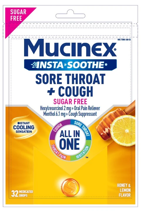 MUCINEX INSTASOOTHESORE THROAT PLUS COUGH SUGAR FREE packaging
