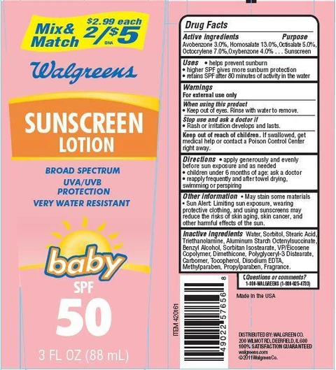 Walgreens Sunscreen BabySPF 50 packaging