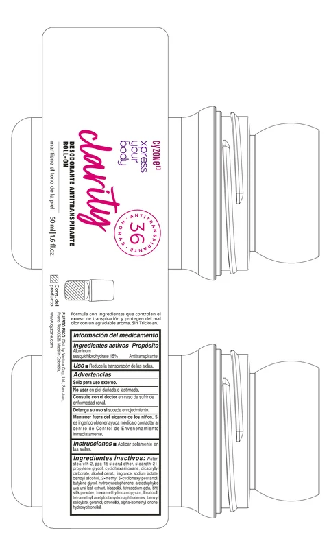 CYZONE XPRESS YOUR BODY CLARITY DESODORANTE ANTITRANSPIRANTE ROLL ON 포장