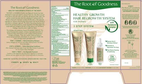The Root Of Goodness Healthy Growth Hair Regrowth System For Women 3 Step System packaging