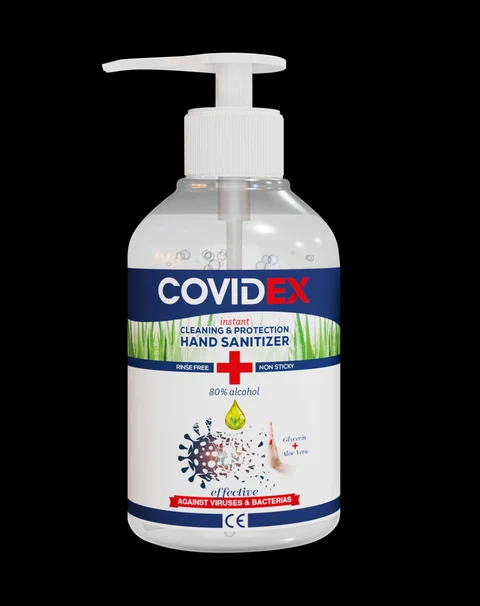 covidex gel 250 mL transparent bottle front