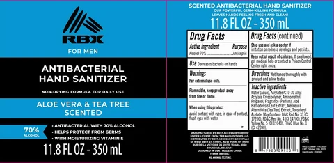 RBX For Men Antibacterial Hand Sanitizer Aloe Vera and Tea Tree Scented 포장