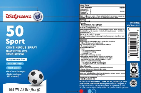 Walgreens SPF 50 Sport Continuous Sunscreen packaging