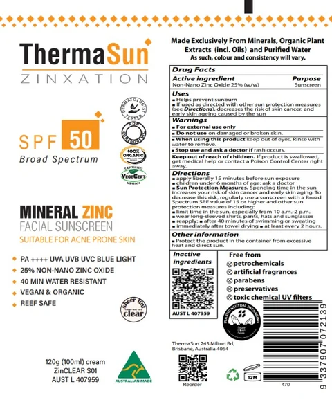 Thermasun SPF50 Mineral Zinc facial sunscreen packaging