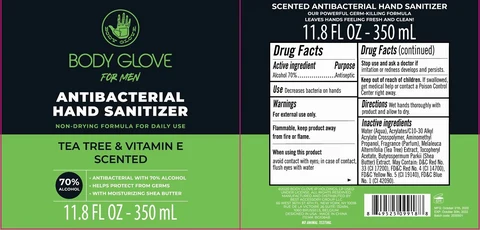 Body Glove For Men Antibacterial Hand Sanitizer Tea Tree and Vitamin E Scented 포장