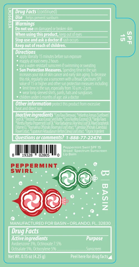 Basin Peppermint Swirl SPF 15 Broad Spectrum Sunscreen Lip Balm 포장