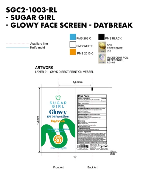 Sugargirl Glowy SPF 30 Face Screen daybreak Shimmer Sunscreen for the face 포장