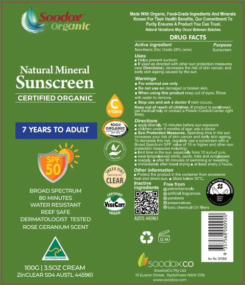 Soodox Natural Mineral Sunscreen SPF50 - 7 years to adult packaging