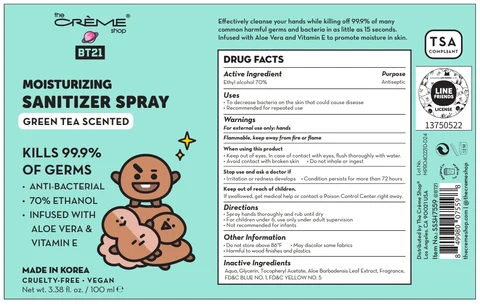 The creme shop BT21 MOISTURIZING SANITIZERSpray GREEN TEA SCENTED packaging