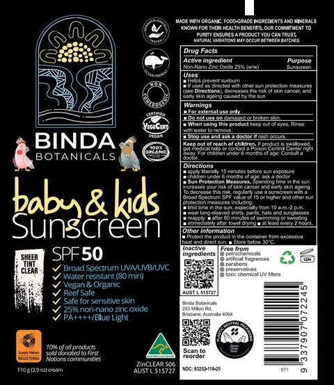 Binda Botanicals Baby and Kids Sunscreen SPF50 포장
