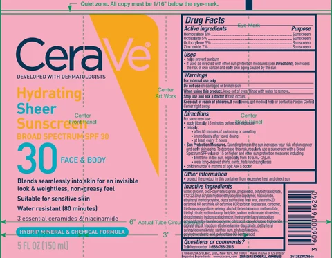 CeraVe Developed with Dermatologists Hydrating Sheer Sunscreen Broad Spectrum SPF 30 Face and Body Water Resistant 80 Minutes Hybrid Formula 포장