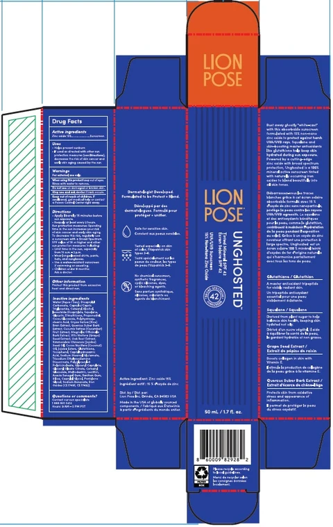 LION POSE UNGHOSTED TINTED MINERAL SPF 42 UVA UVB SUNSCREEN packaging