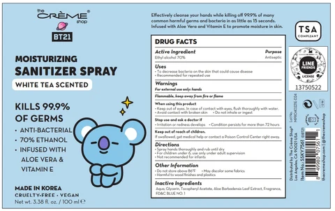 The creme shop BT21 MOISTURIZING SANITIZERSpray WHITE TEA SCENTED packaging