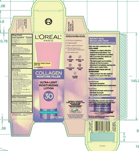 LOreal Paris Collagen Moisture Filler Ultra Light Moisturizing Broad Spectrum SPF 30 Sunscreen packaging