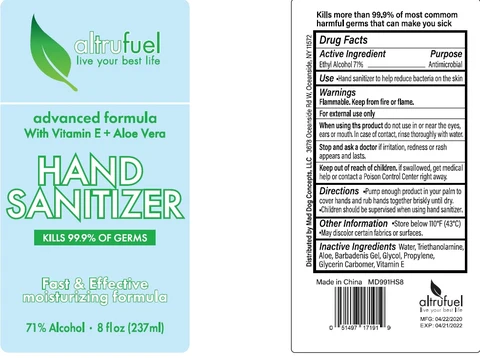 altrufuel Hand Sanitizer With Vitamin E and Aloe Vera Moisturizing Formula packaging