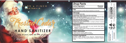 Taylor and Finch XMAS Frosted Cedar Hand Sanitizer packaging