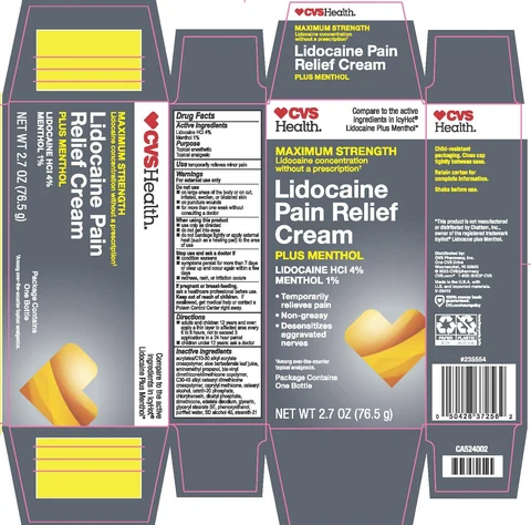 CVS Health Maximum Strength Lidocaine Pain Relief Cream Plus Menthol 포장