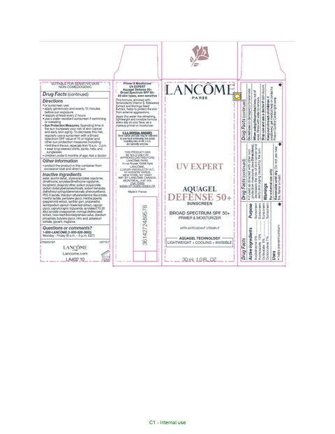 Lancome Paris UV Expert Aquagel Defense 50 Plus Sunscreen Broad Spectrum SPF 50 Plus Primer and Moisturizer with Antioxidant Vitamin E packaging
