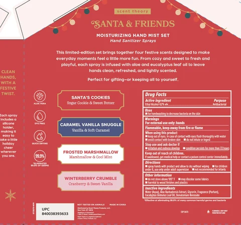 Santa and Friends Hand SanitizersSanta Cookies, Caramel Vanilla Snuggle, Frosted Marshmallow, Winterberry Crumble 포장