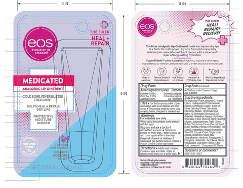 eos THE FIXER HEAL REPAIR MEDICATED ANALGESIC LIP packaging