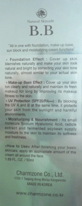 Charmzone Natural Skinade BB Cream (SPF20 PA) 포장