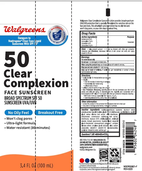Walgreens SPF 50 Clear Complexion Face Sunscreen packaging