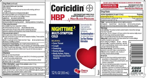 Coricidin HBP Nighttime Multi-Symptom Cold 포장
