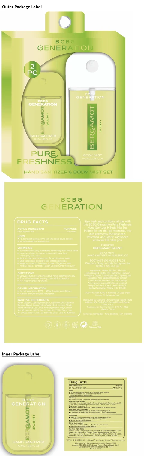 BCBG GENERATION HAND SANITIZER BERGAMOT SCENT 포장