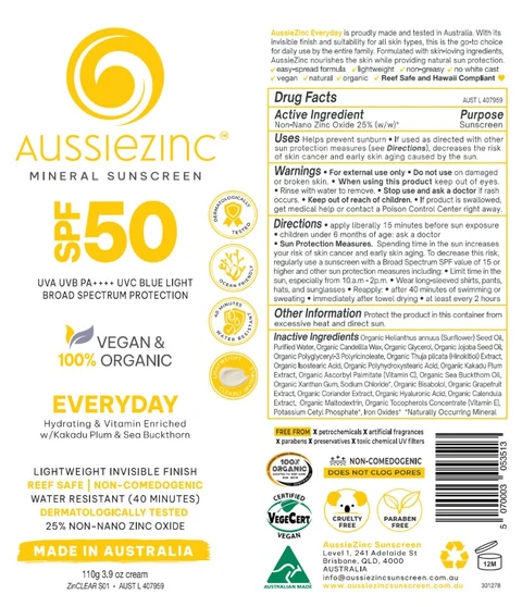 AussieZinc Mineral Sunscreen Vegan and Organic Everyday 포장