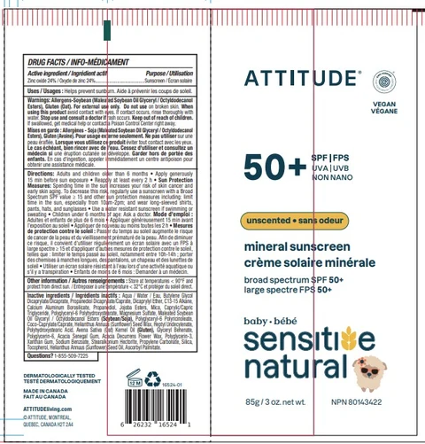 ATTITUDE Sensitive natural baby Mineral sunscreen SPF 50 Unscented 포장