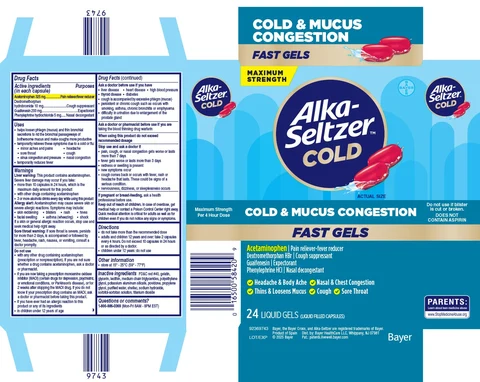 Alka Seltzer COLD Cold Mucus Congestion Maximum Strength Fast Gels packaging