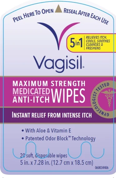 Principal Display Panel Vagisil® Maximum Strength Medicated Anti-Itch Wipes Gynecologist Tested Instant Relief From Intense Itch • With Aloe & Vitamin E • Patented Odor Block Technology 20 soft, disposable wipes 5 in. x 7.28 in. (12.7 cm x 18.5 cm)