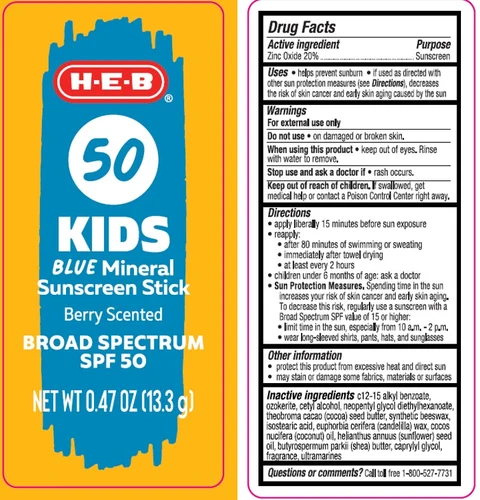 HEB SPF 50 Kids Blue Mineral Sunscreen Stick Berry Scented 포장