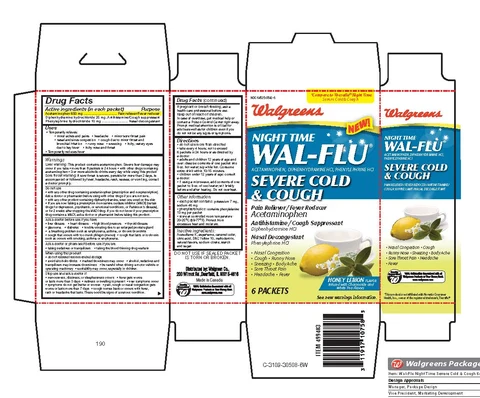 Walgreens night time wal-flu severe cold and coughhoney lemon flavor infused with chamomile and white tea flavors packaging