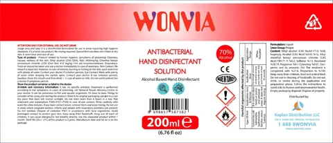 Wonvia Antibacterial Hand Disinfectant Sanitizer packaging
