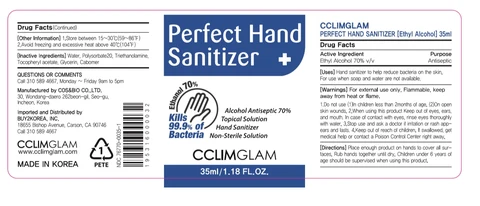 CCLIMGLAM PERFECT HAND SANITIZER (Ethyl Alcohol) packaging