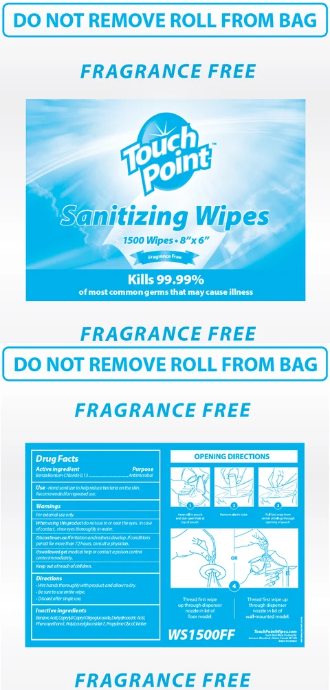 Touchpoint Wipes Fragrance FreeSanitizing Wipes 포장