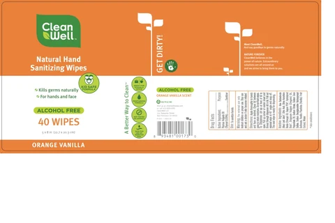 CleanWell Natural Orange Vanilla Hand Sanitizing Wipes packaging